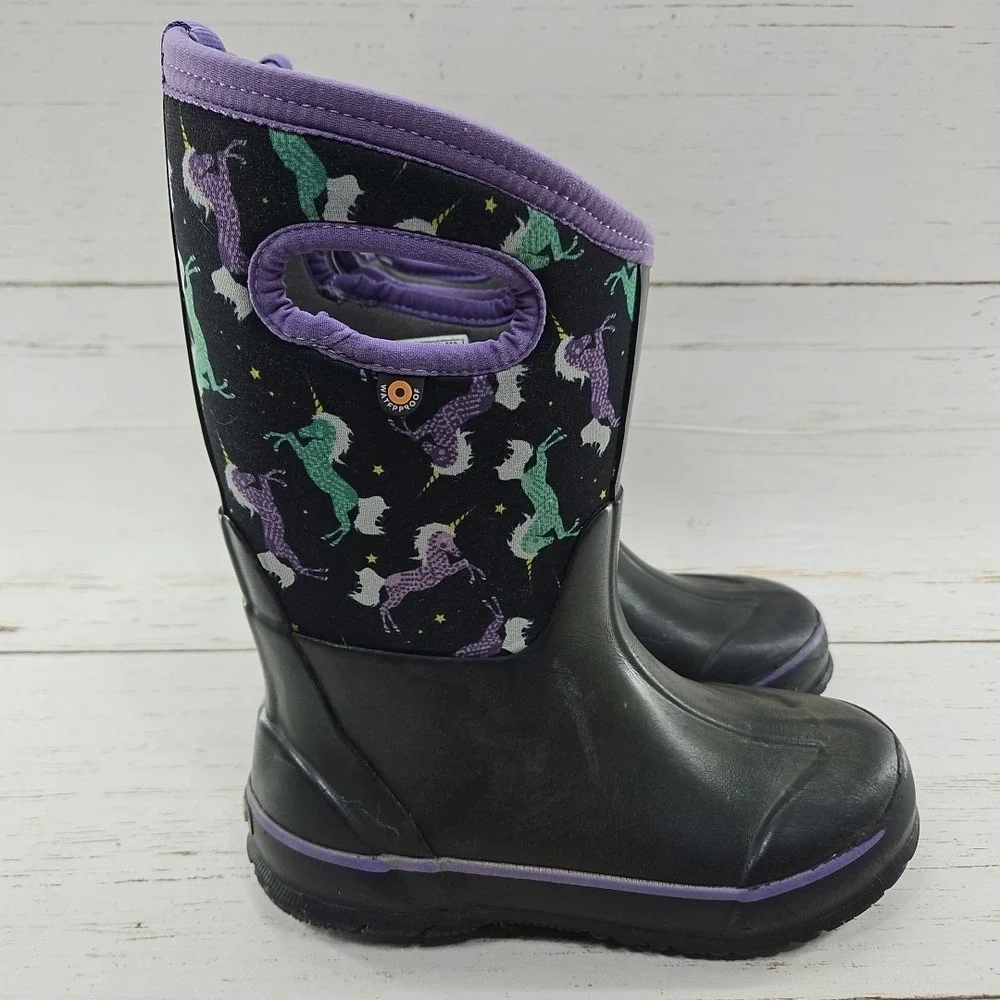 Bogs Girls Size 2 Black‎ Purple Unicorn Insulated Waterproof Winter Boots 72329